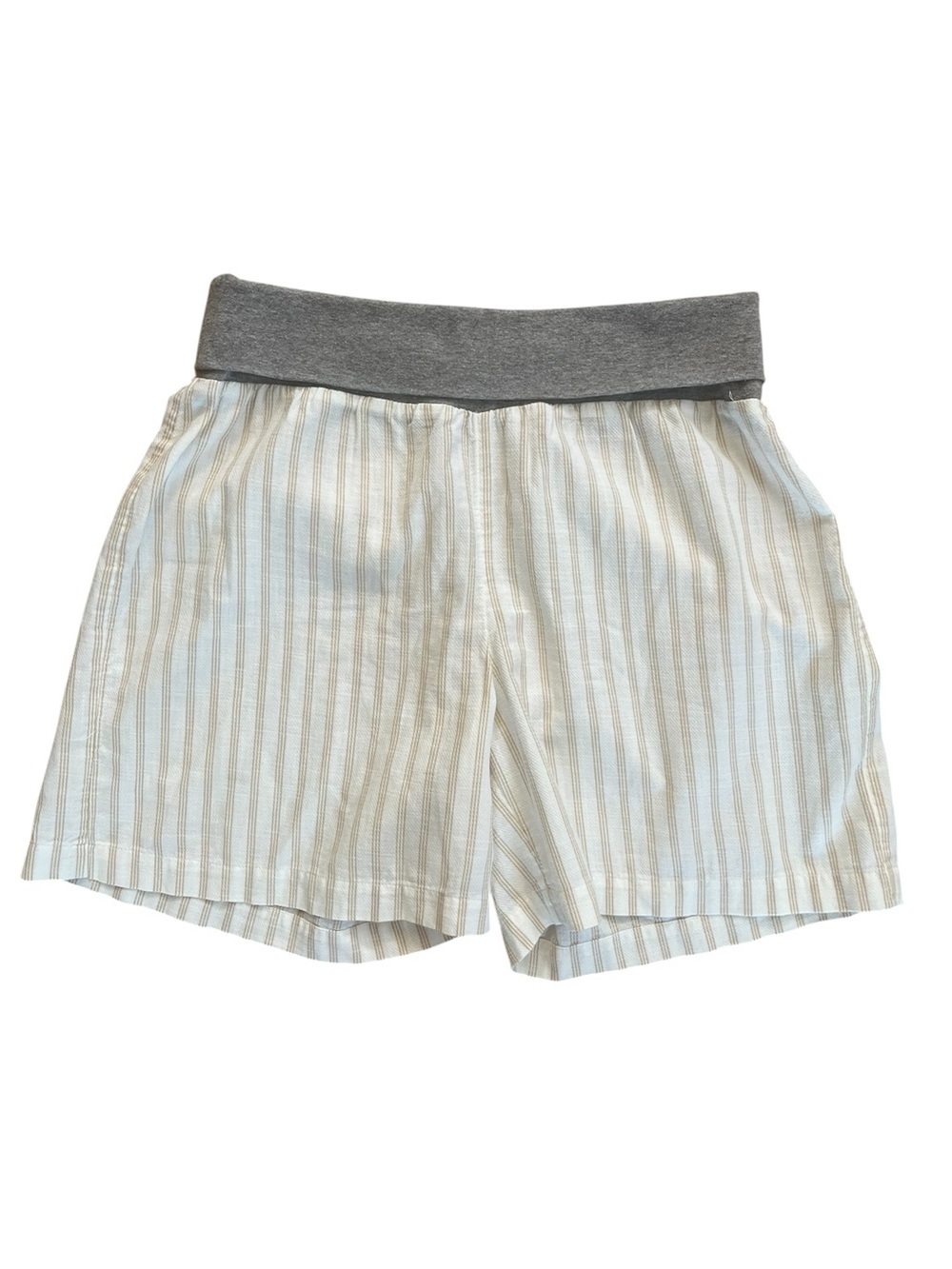 Sundance Vertical Striped Cream and Beige Grey Fold Over Cotton Beachy Shorts